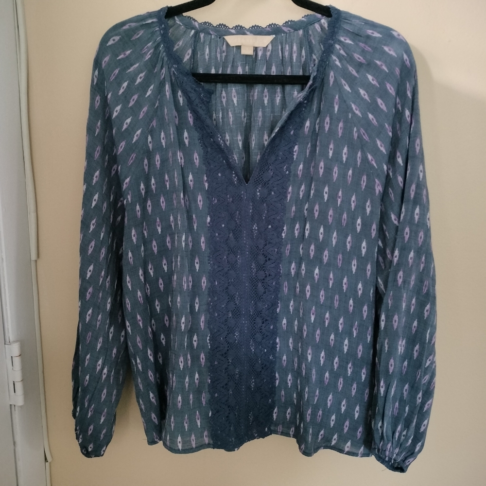 Hope & Harlow L Blue Purple Geo Print Lace Lightweight Blouse Office Boho